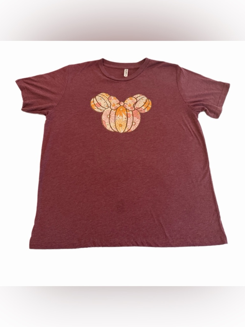 Maroon Graphic Tee with Floral Mickey Silhouette Women Size XL
